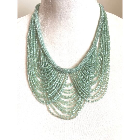 Handcrafted Mint Green Glass Beaded Bib Necklace With Multi-Strand Layered Desig - Picture 2 of 6